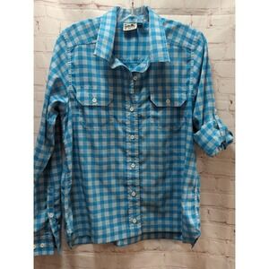 Kavu medium ALTERED short hem women's blue white plaid button shirt roll sleeve